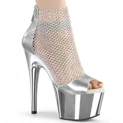 PLEASER ADORE-765 SILVER PLATED RHINESTONE MESH 7 INCH HIGH HEEL PLATFORM SHOES SIZE 8