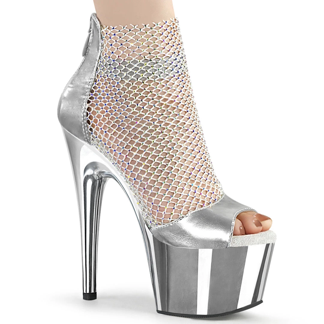 PLEASER ADORE-765 SILVER PLATED RHINESTONE MESH 7 INCH HIGH HEEL PLATFORM SHOES SIZE 8