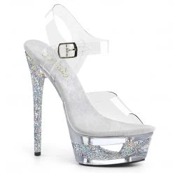 PLEASER ECLIPSE-608GT SILVER GLITTER CLEAR 6.5 INCH HIGH HEEL PLATFORM SHOES SIZE 7