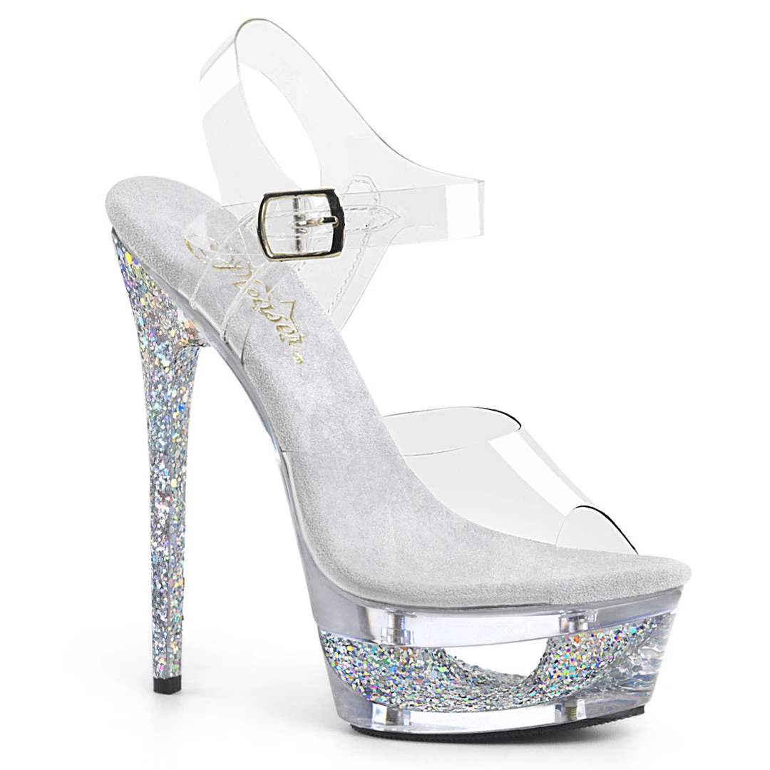 PLEASER ECLIPSE-608GT SILVER GLITTER CLEAR 6.5 INCH HIGH HEEL PLATFORM SHOES SIZE 7