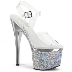 PLEASER ESTEEM-708CHLG SILVER GLITTER CHROME PLATED 7 INCH HIGH HEEL PLATFORM SHOES SIZE 6