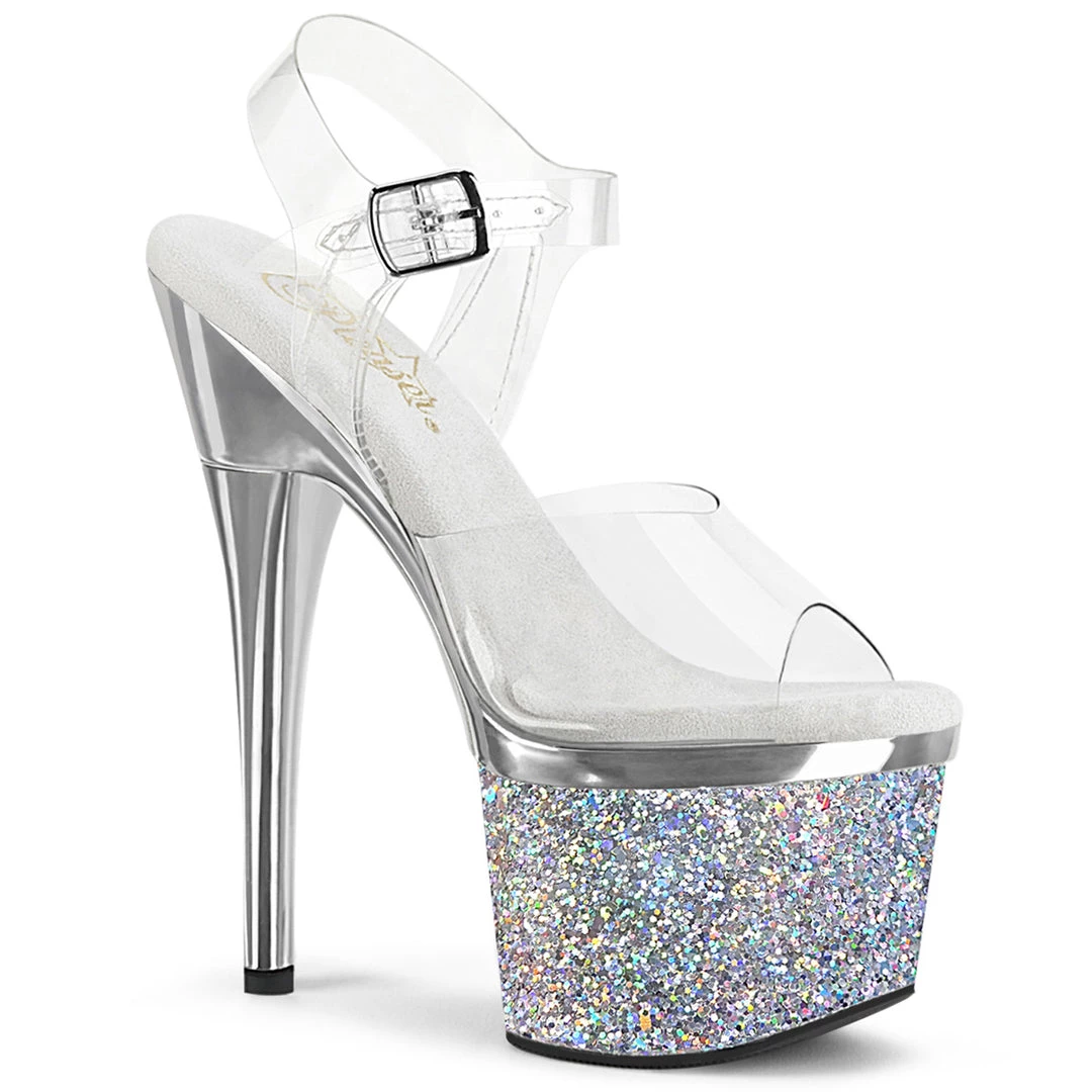 PLEASER ESTEEM-708CHLG SILVER GLITTER CHROME PLATED 7 INCH HIGH HEEL PLATFORM SHOES SIZE 6