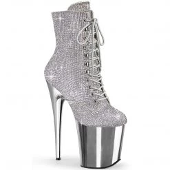 PLEASER FLAMINGO-1020CHRS SILVER RHINESTONE CHROME PLATED 8 INCH HIGH HEEL ANKLE BOOTS SIZE 8