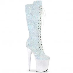 PLEASER FLAMINGO-2020MG WHITE IRIDESCENT GLITTER 8 INCH KNEE HIGH BOOTS