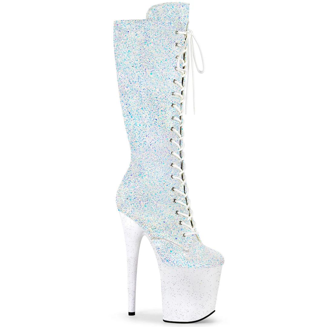 PLEASER FLAMINGO-2020MG WHITE IRIDESCENT GLITTER 8 INCH KNEE HIGH BOOTS