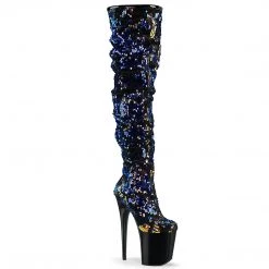 PLEASER FLAMINGO-3004 BLUE IRIDESCENT SEQUIN 8 INCH THIGH HIGH BOOTS