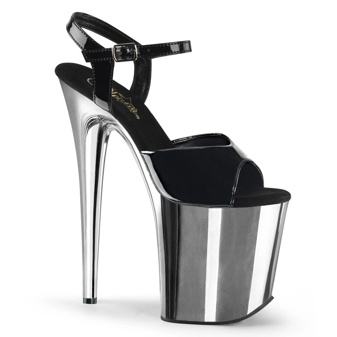 PLEASER FLAMINGO-809 BLACK CHROME 8 INCH HIGH HEEL PLATFORM SHOES SIZE 9