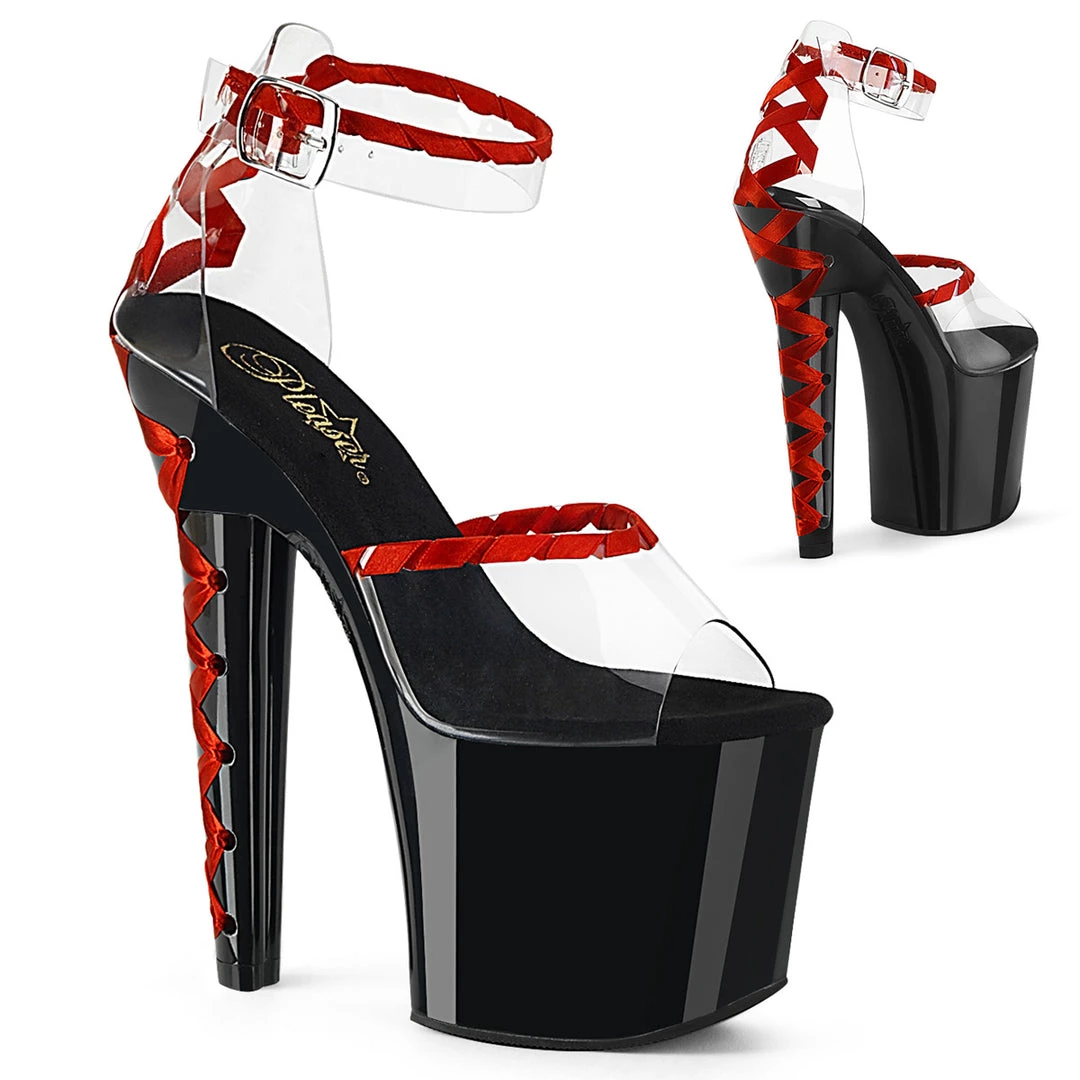 PLEASER LOVESICK-712 BLACK RED RIBBON 7 INCH HIGH HEEL PLATFORM SHOES SIZE 7