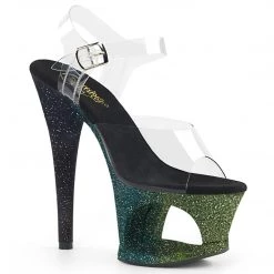 PLEASER MOON-708-OMBR GREEN EMERALD BLACK GLITTER 7 INCH HIGH HEEL PLATFORM SHOES SIZE 8