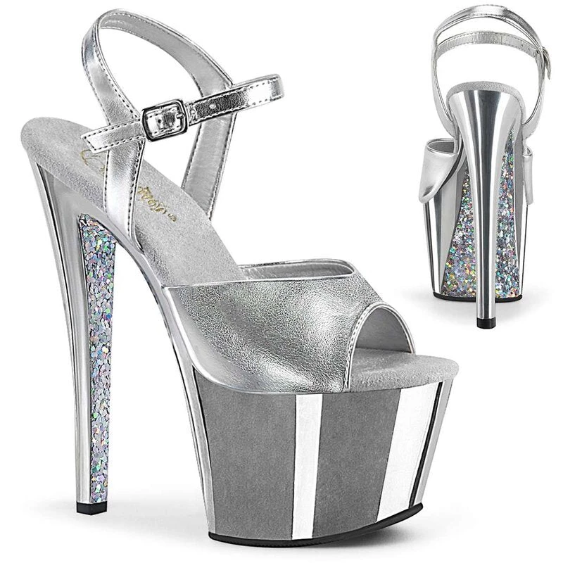 PLEASER SKY-309TTG SILVER METALLIC GLITTER 7 INCH HIGH HEEL PLATFORM SHOES SIZE 8