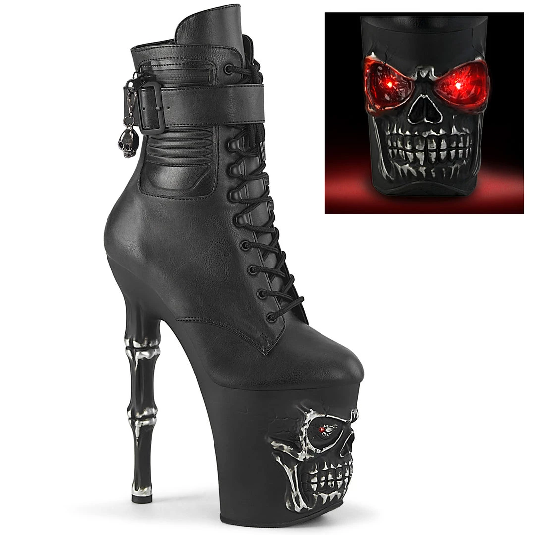 PLEASER RAPTURE-1020STR-LT GOTH SKULL 8 INCH BLACK MATTE 8 INCH HIGH HEEL ANKLE BOOTS