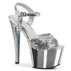 PLEASER SKY-310SQ SILVER SEQUIN CHROME PLATED 7 INCH HIGH HEEL PLATFORM SHOES SALE SIZE 7